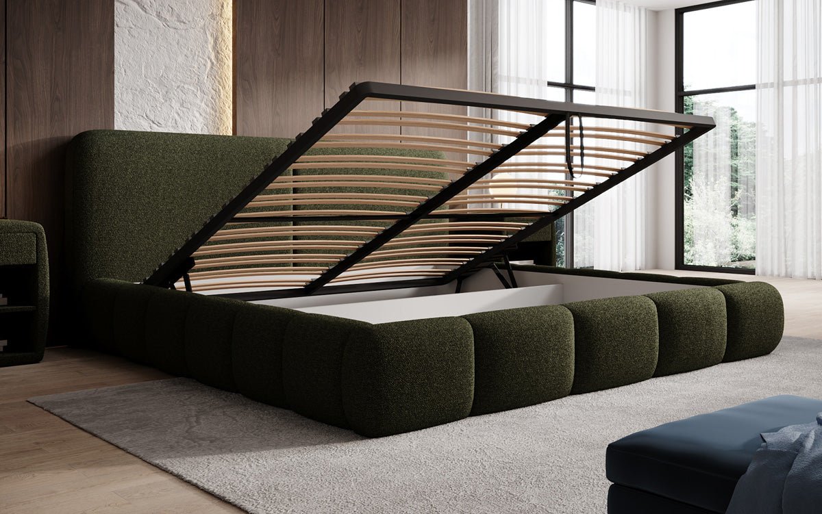 Design gestoffeerd bed Lolita in Bouclé met opbergruimte
