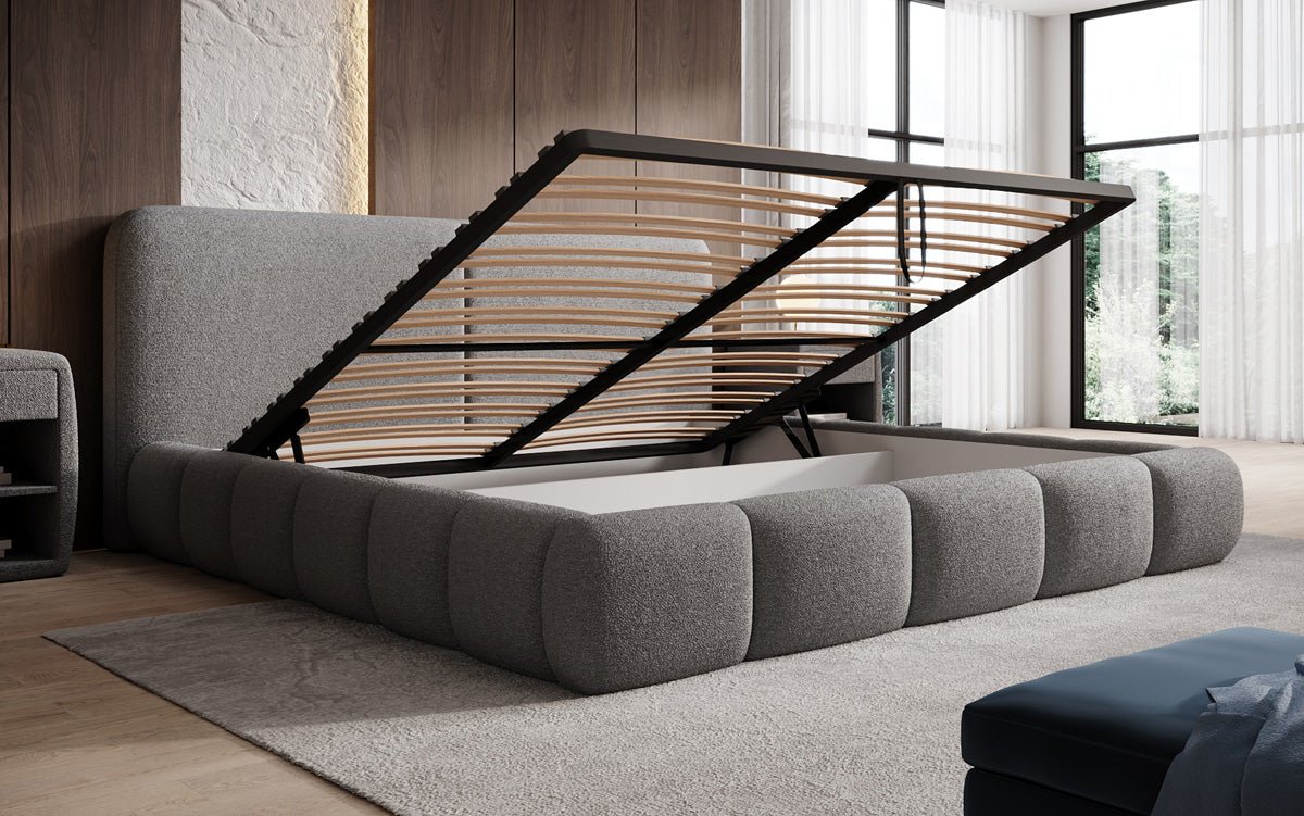 Design gestoffeerd bed Lolita in Bouclé met opbergruimte