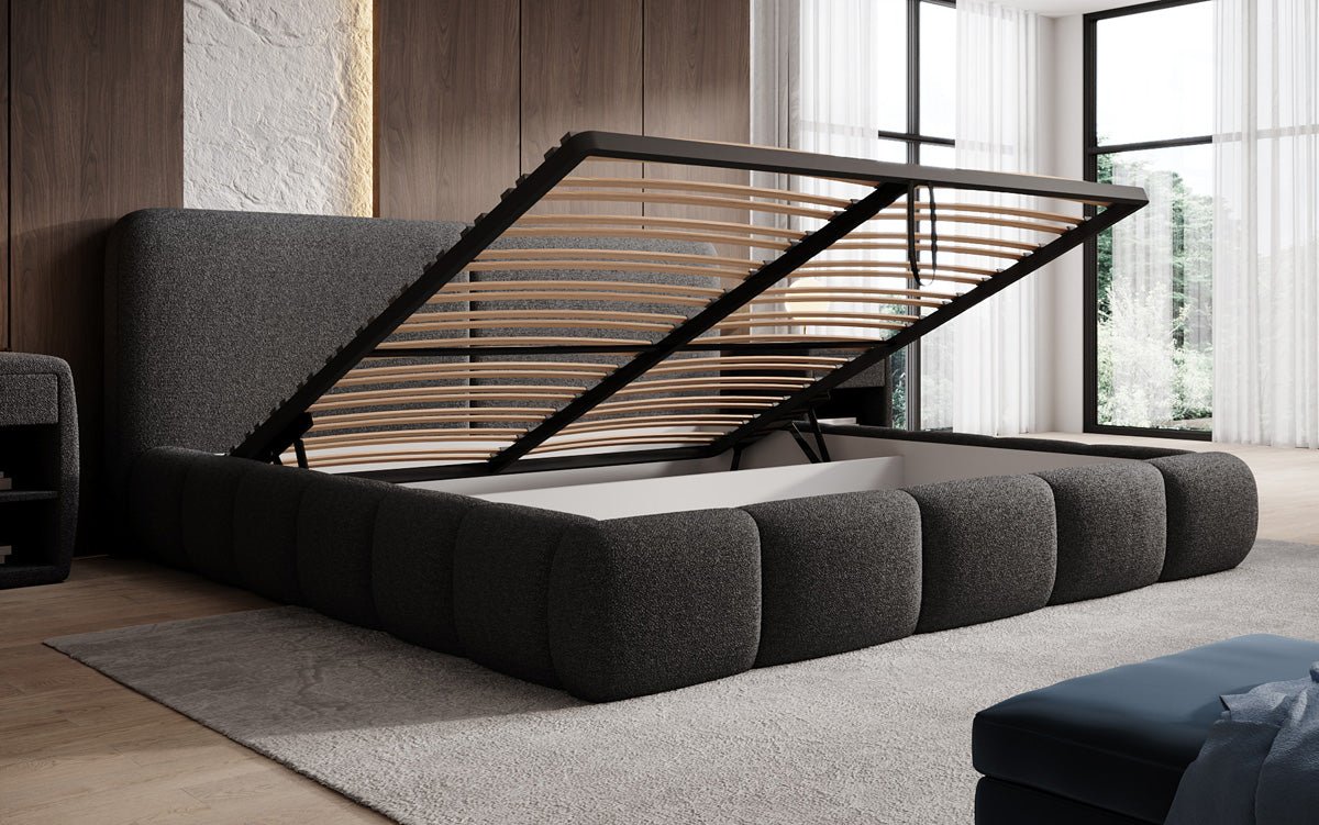 Design gestoffeerd bed Lolita in Bouclé met opbergruimte