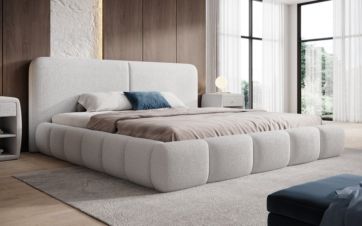 Design gestoffeerd bed Lolita in Bouclé met opbergruimte