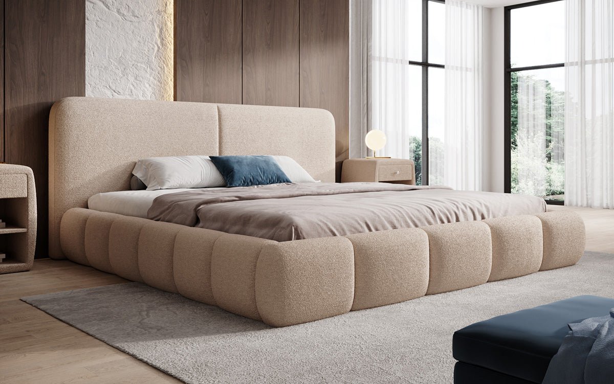 Design gestoffeerd bed Lolita in Bouclé met opbergruimte