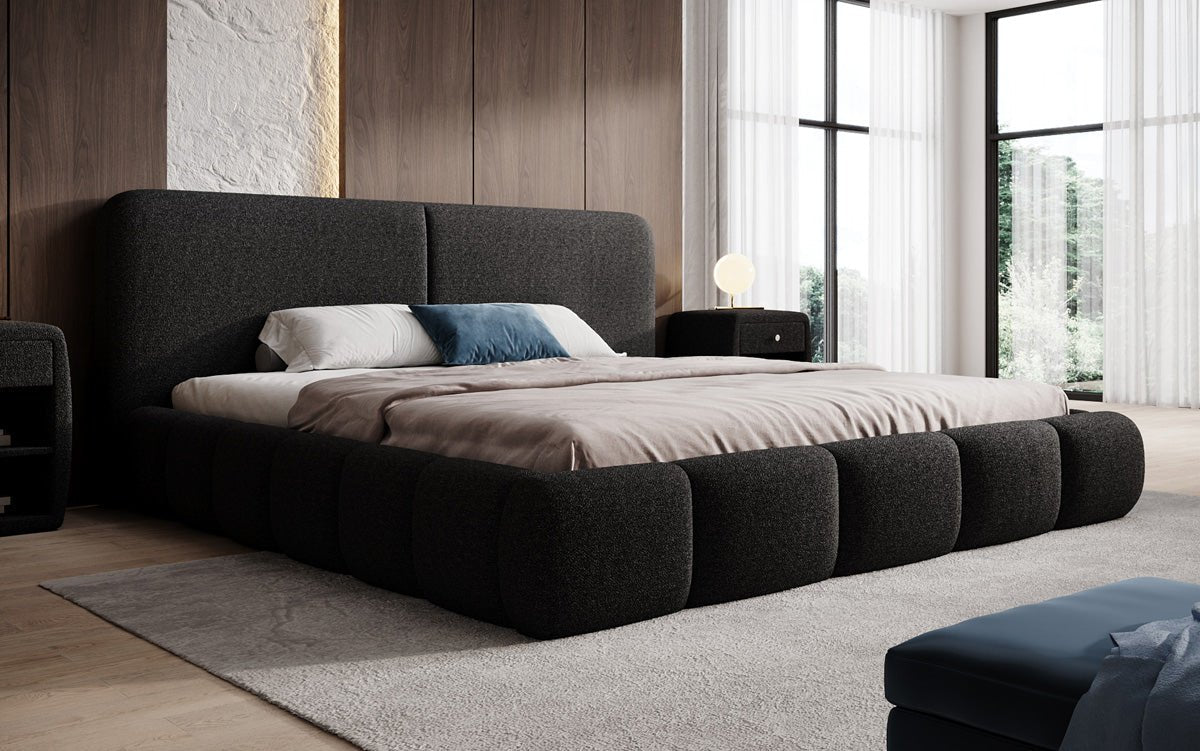 Design gestoffeerd bed Lolita in Bouclé met opbergruimte