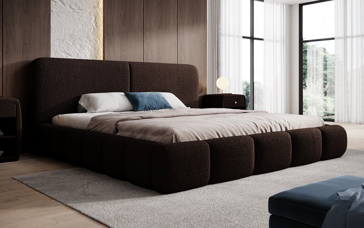 Design gestoffeerd bed Lolita in Bouclé met opbergruimte