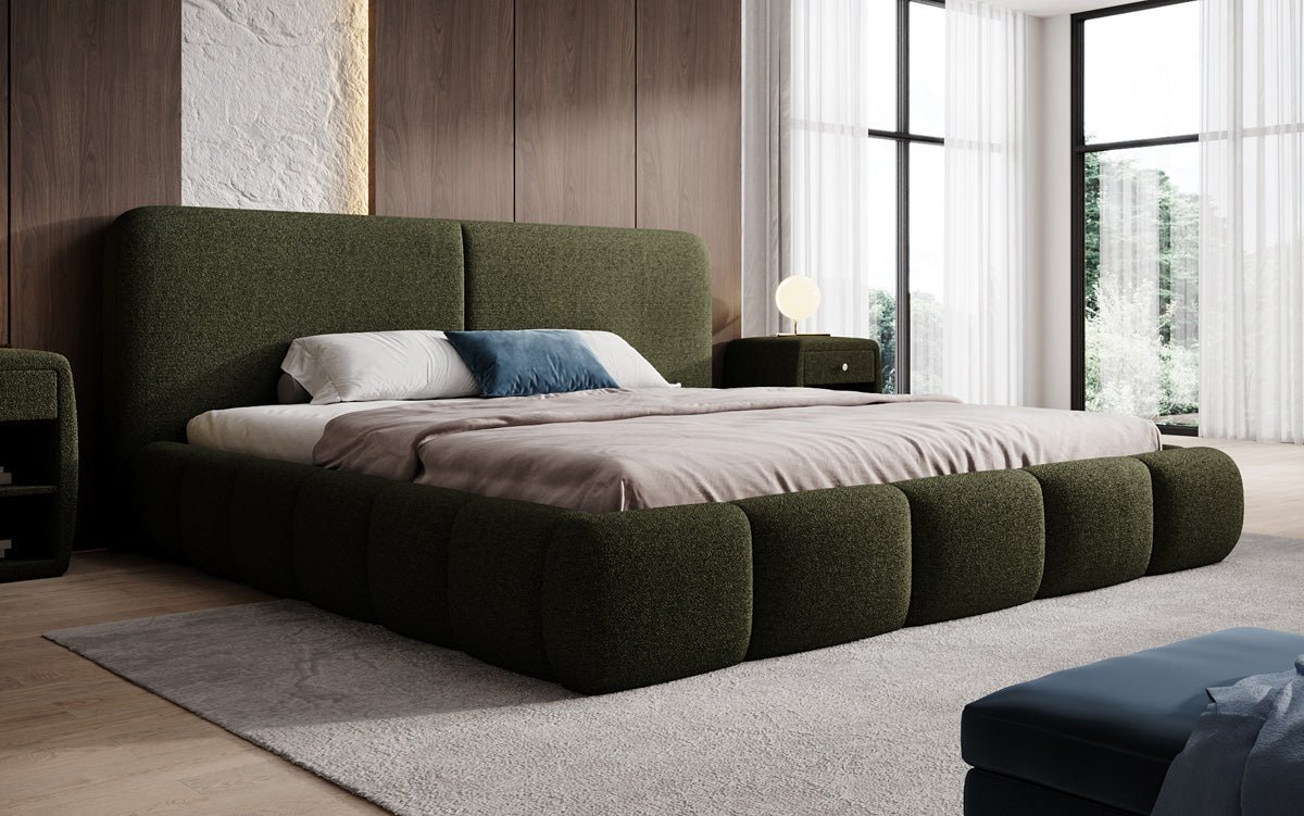 Design gestoffeerd bed Lolita in Bouclé met opbergruimte