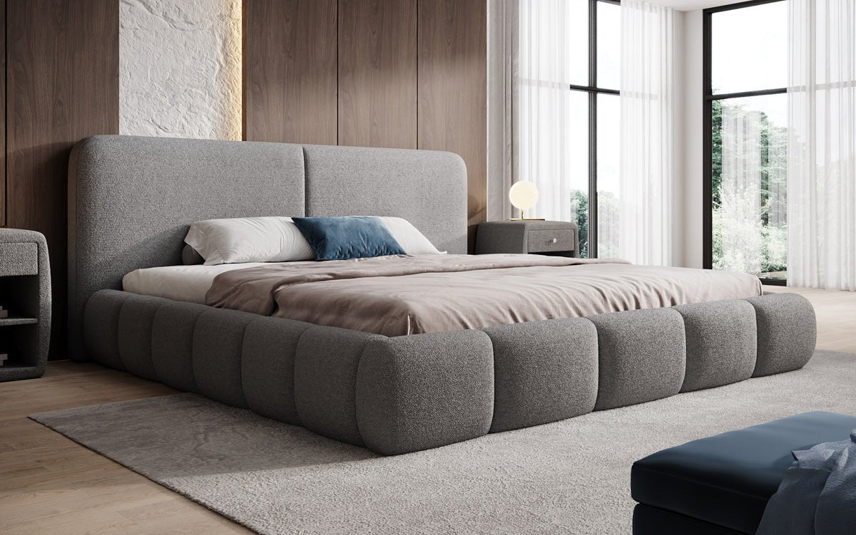 Design gestoffeerd bed Lolita in Bouclé met opbergruimte