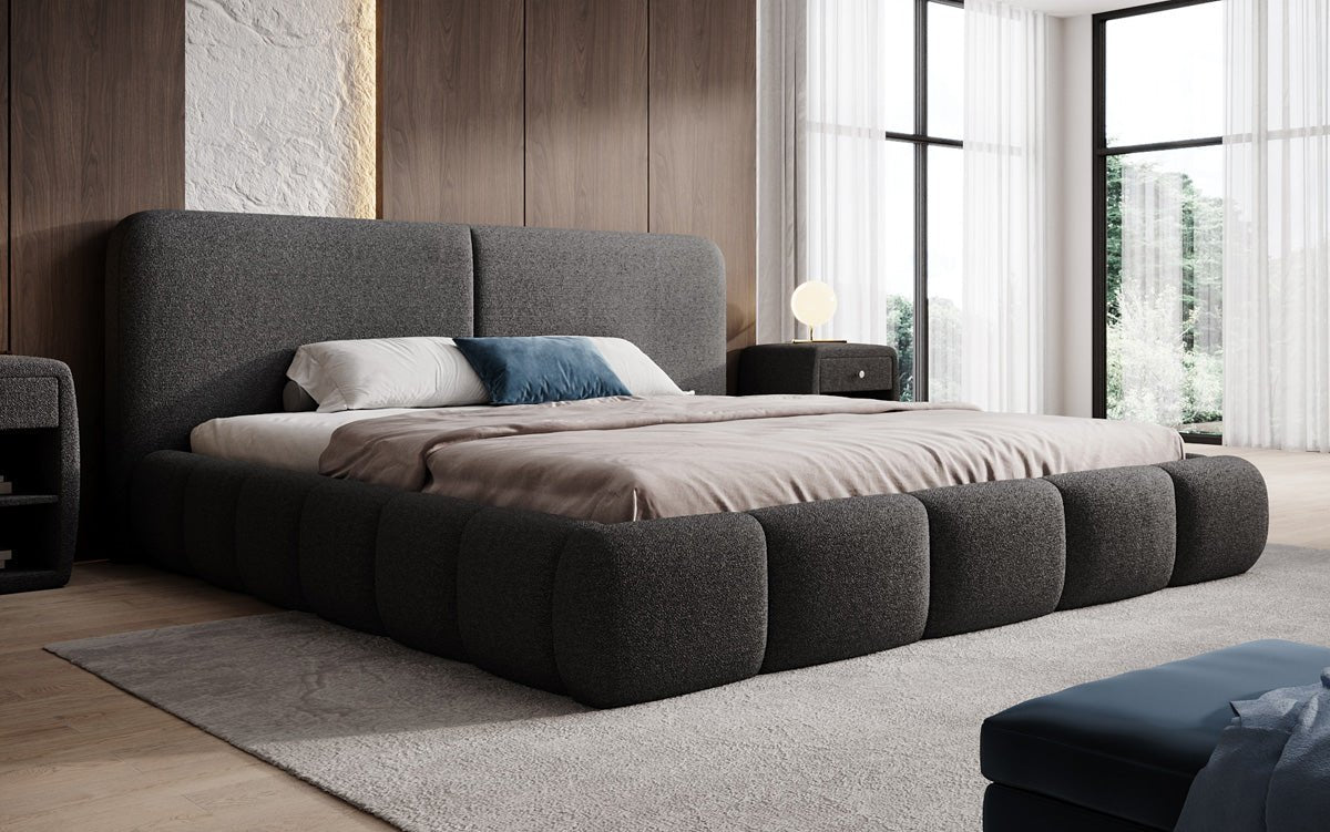 Design gestoffeerd bed Lolita in Bouclé met opbergruimte