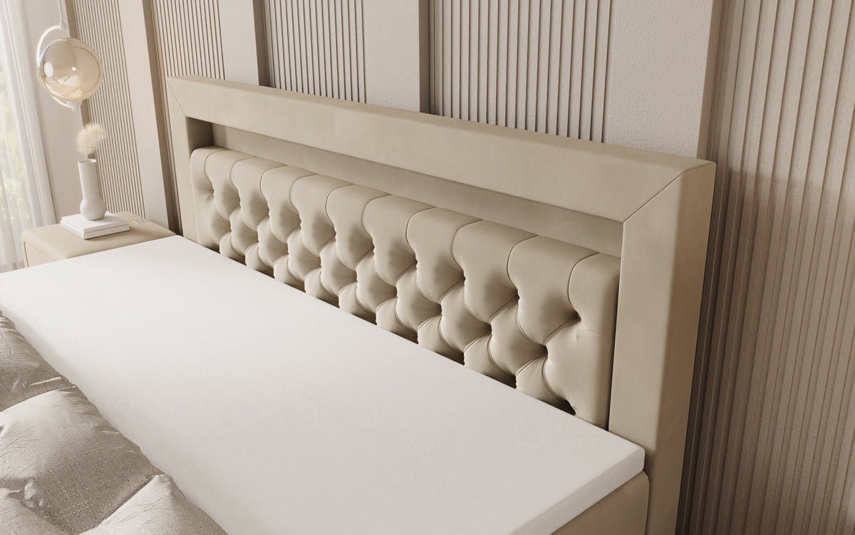 Boxspringbed Menzogna met zwevende look en LED in fluweel