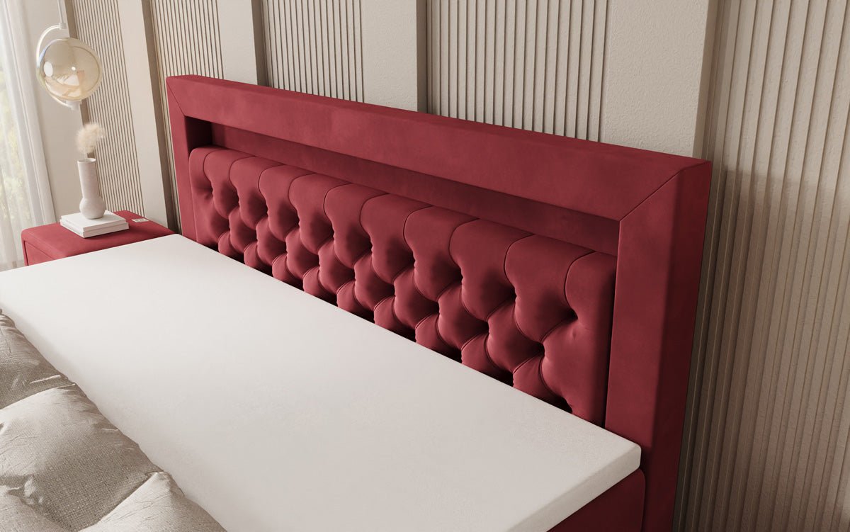 Boxspringbed Menzogna met zwevende look en LED in fluweel