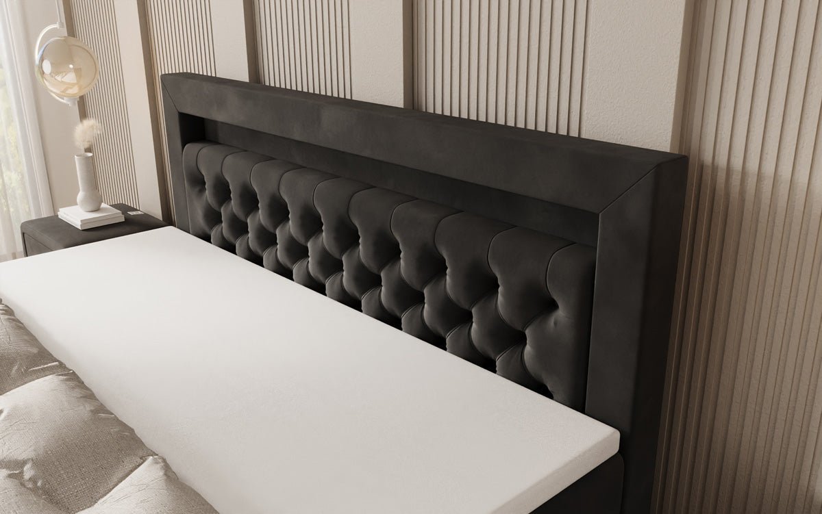 Boxspringbed Menzogna met zwevende look en LED in fluweel