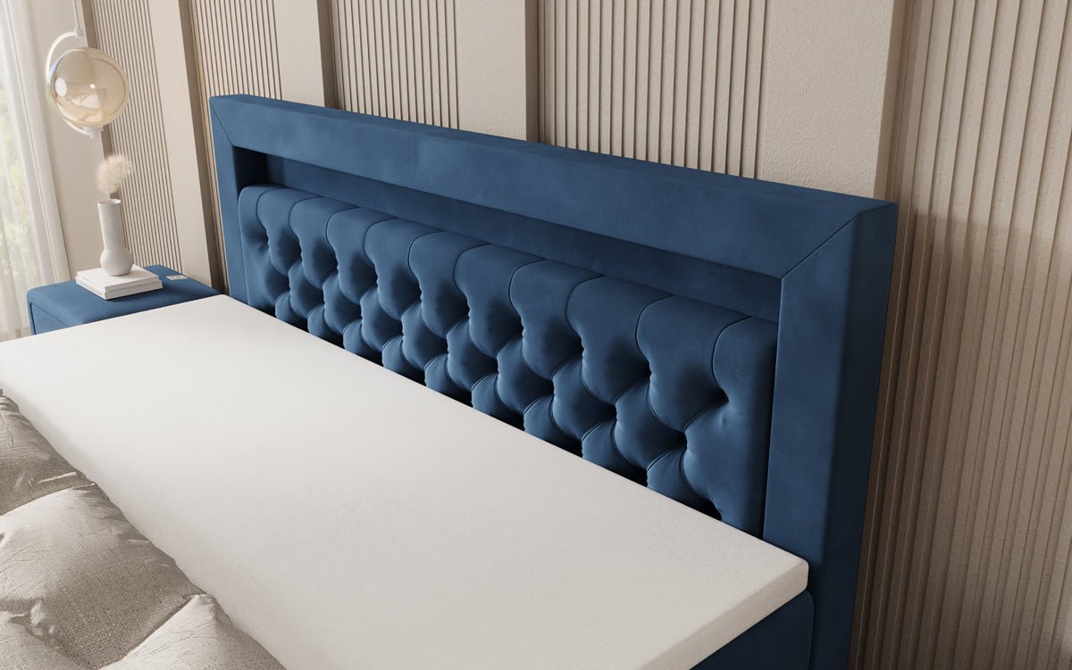 Boxspringbed Menzogna met zwevende look en LED in fluweel