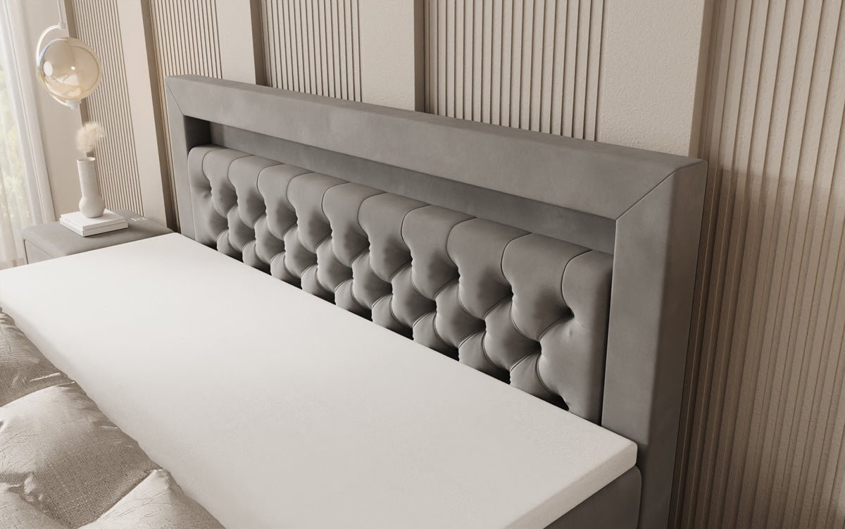 Boxspringbed Menzogna met zwevende look en LED in fluweel