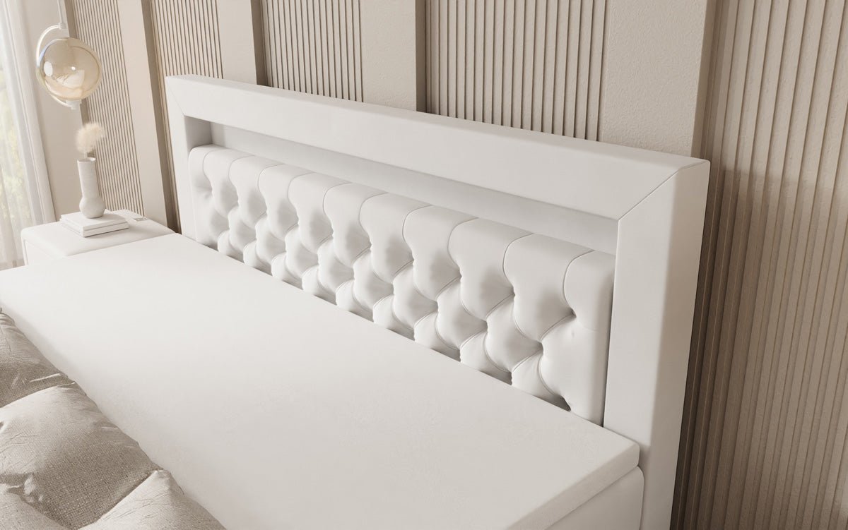 Boxspringbed Menzogna met zwevende look en LED in fluweel