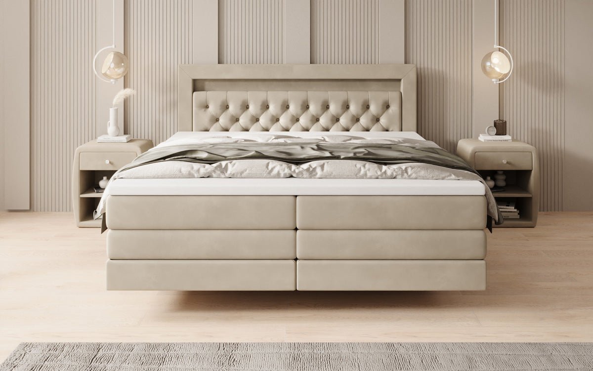 Boxspringbed Menzogna met zwevende look en LED in fluweel