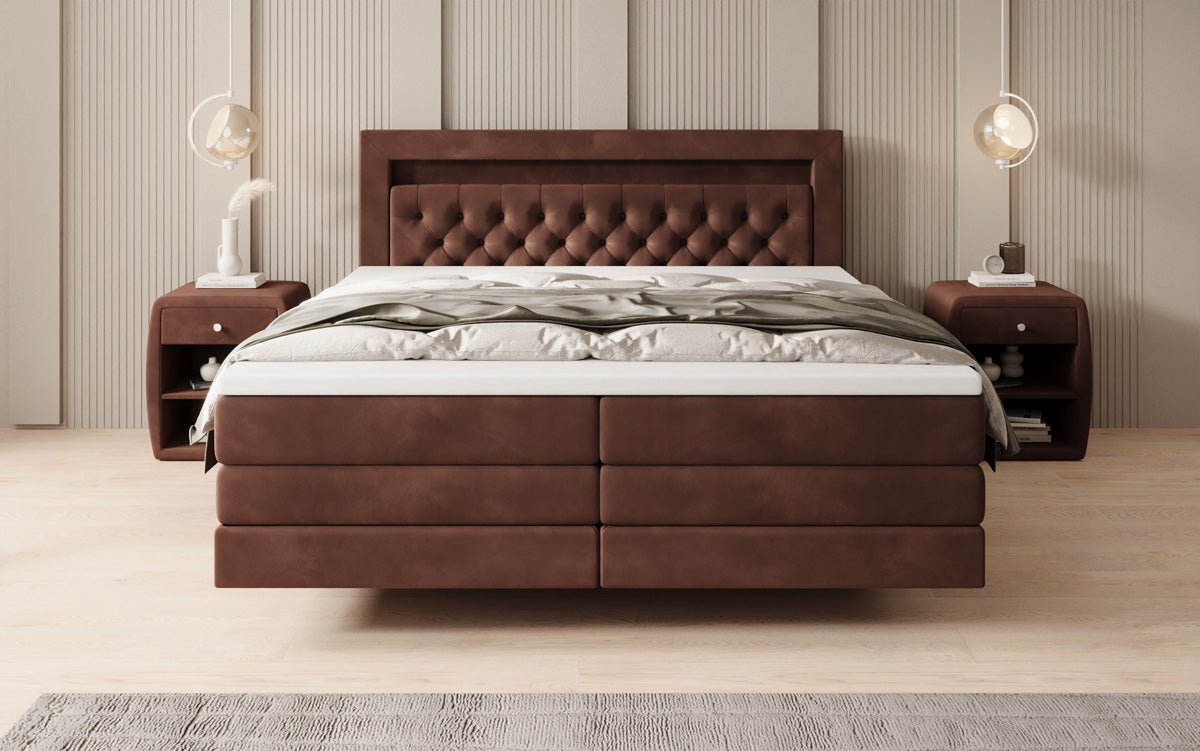 Boxspringbed Menzogna met zwevende look en LED in fluweel