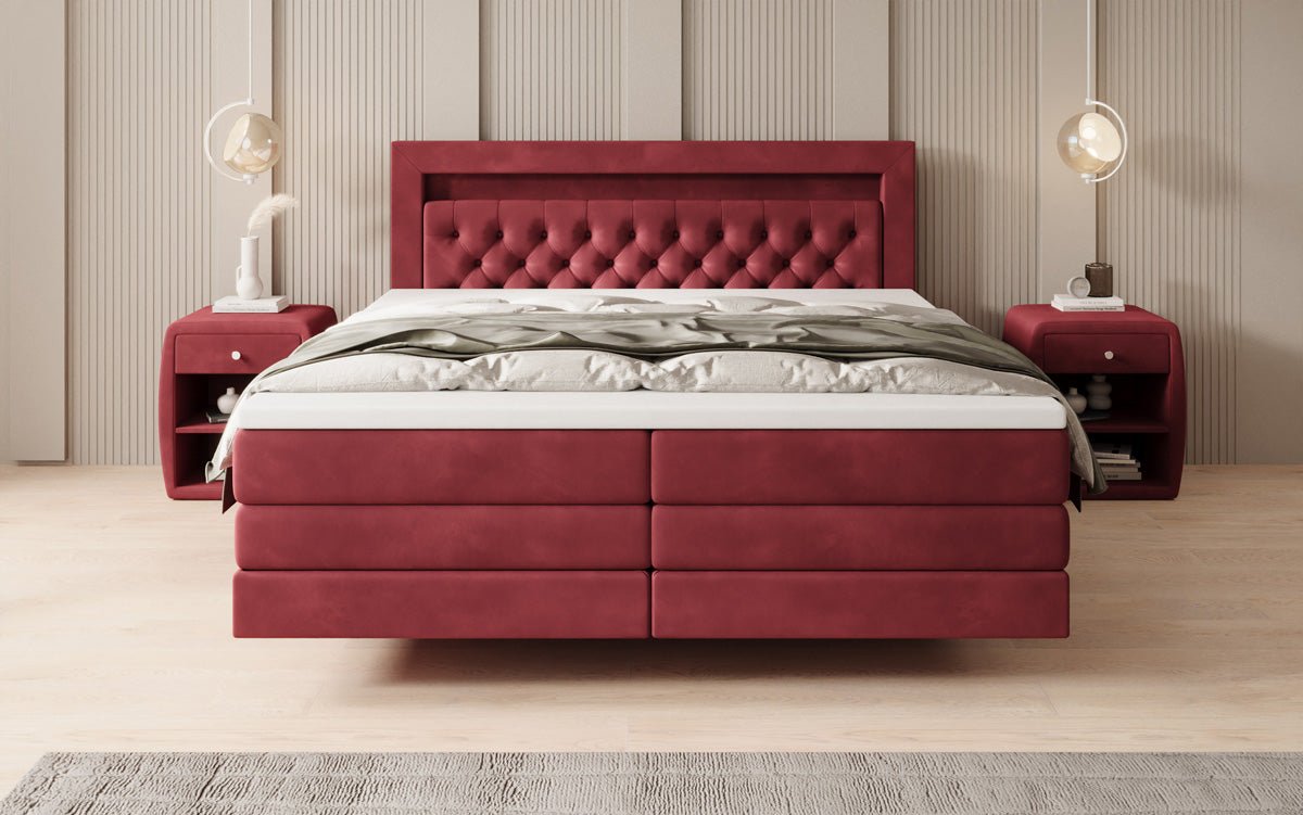 Boxspringbed Menzogna met zwevende look en LED in fluweel