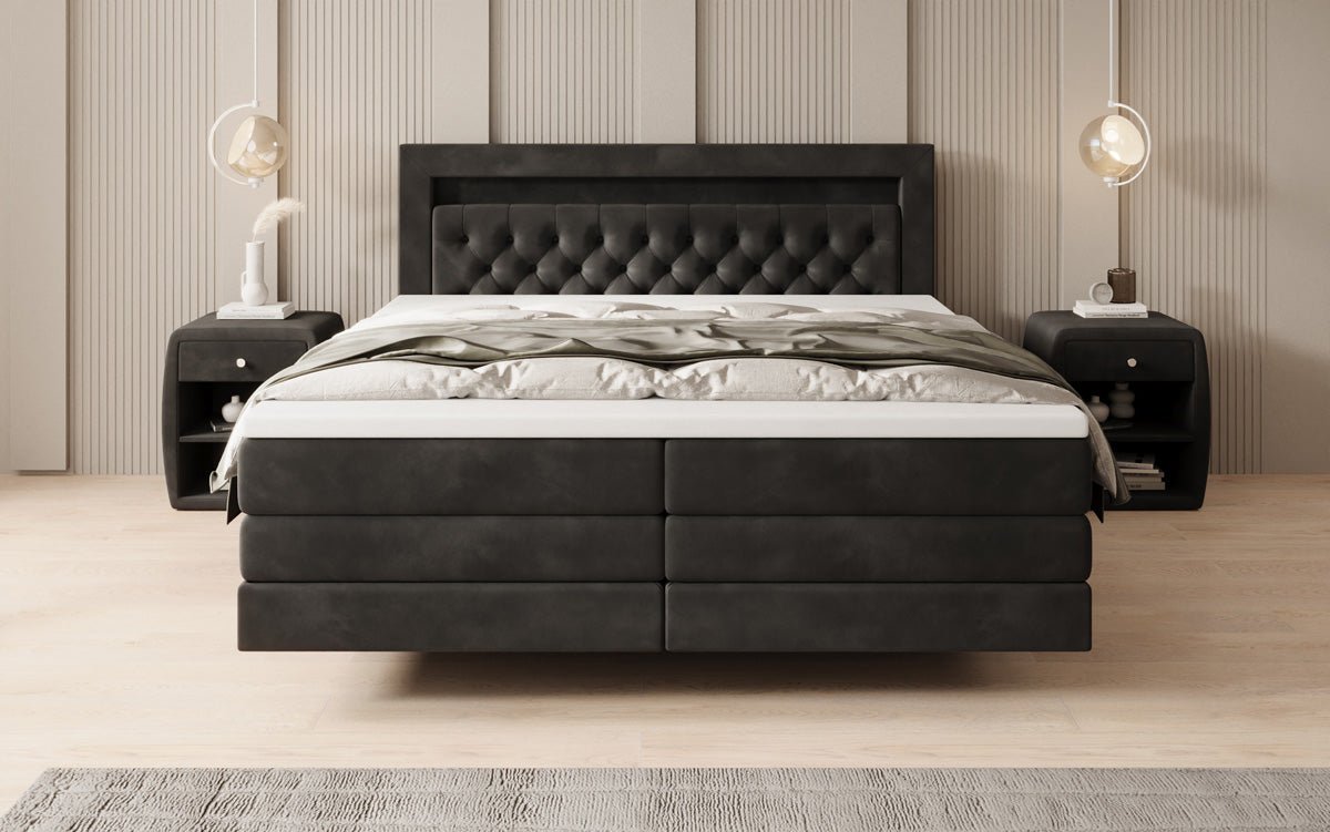 Boxspringbed Menzogna met zwevende look en LED in fluweel