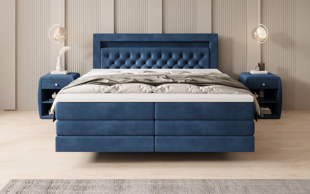 Boxspringbed Menzogna met zwevende look en LED in fluweel