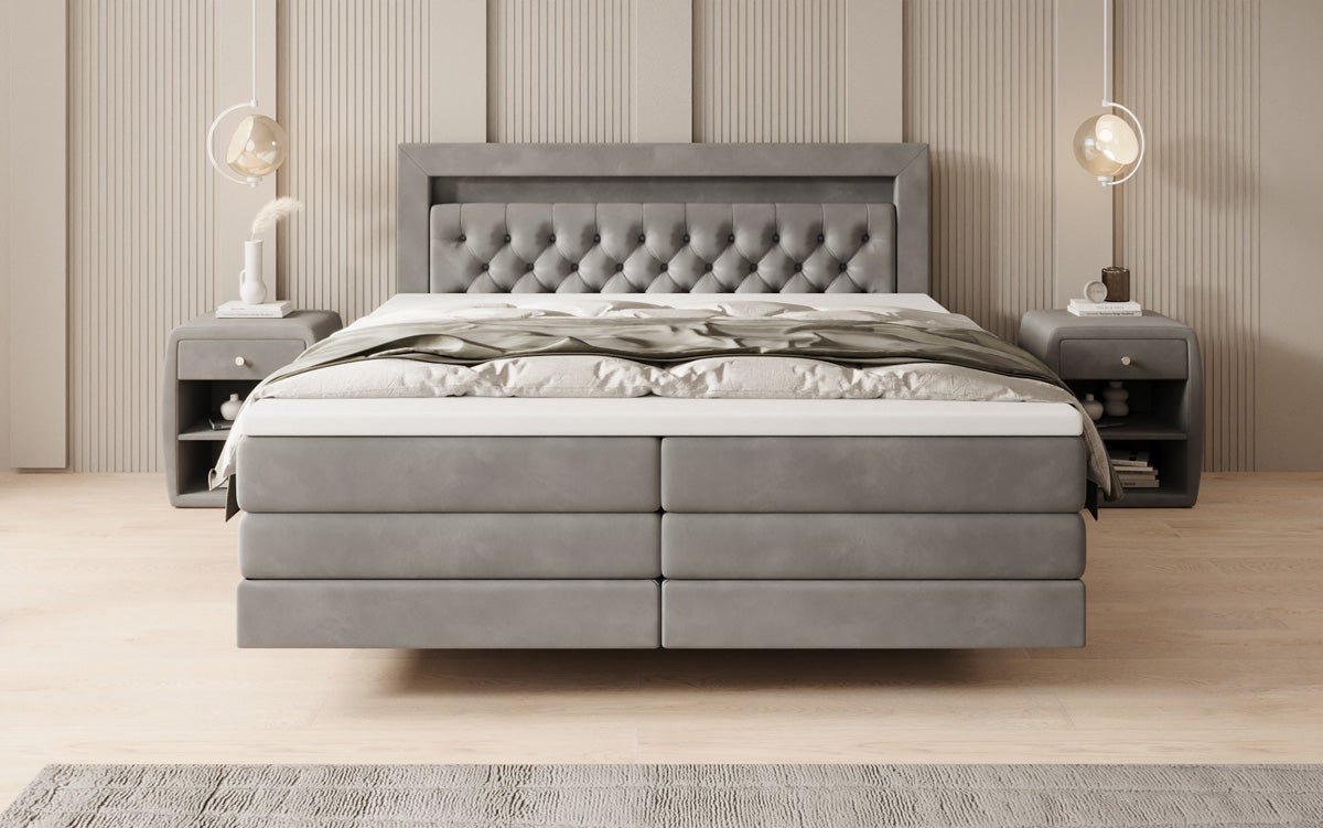 Boxspringbed Menzogna met zwevende look en LED in fluweel