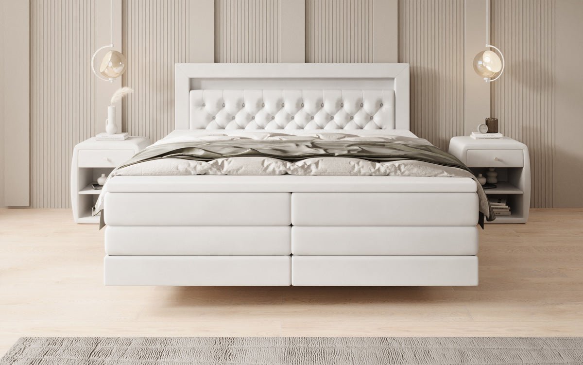 Boxspringbed Menzogna met zwevende look en LED in fluweel