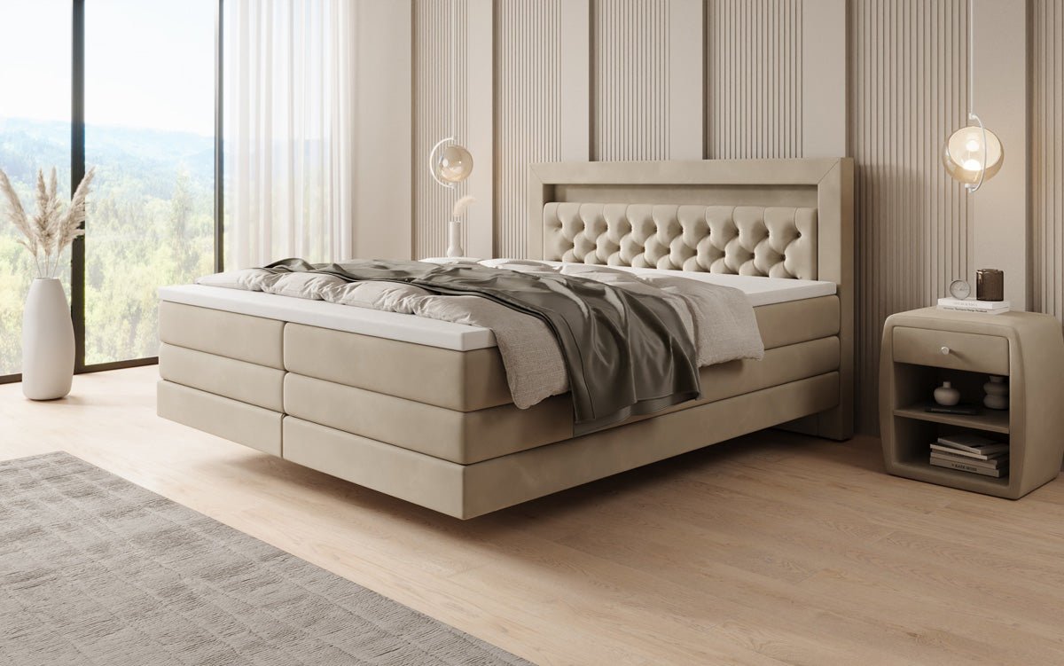 Boxspringbed Menzogna met zwevende look en LED in fluweel