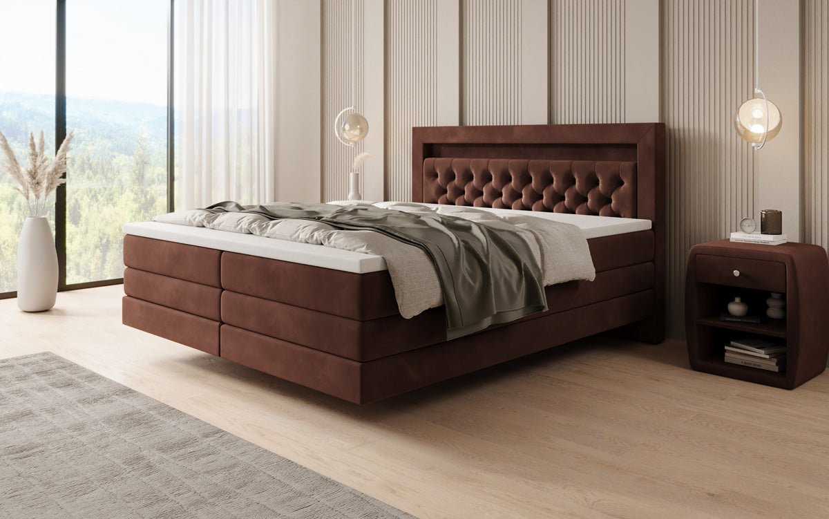 Boxspringbed Menzogna met zwevende look en LED in fluweel