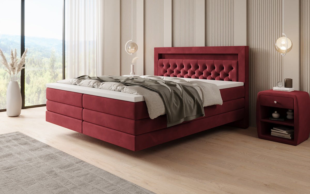 Boxspringbed Menzogna met zwevende look en LED in fluweel