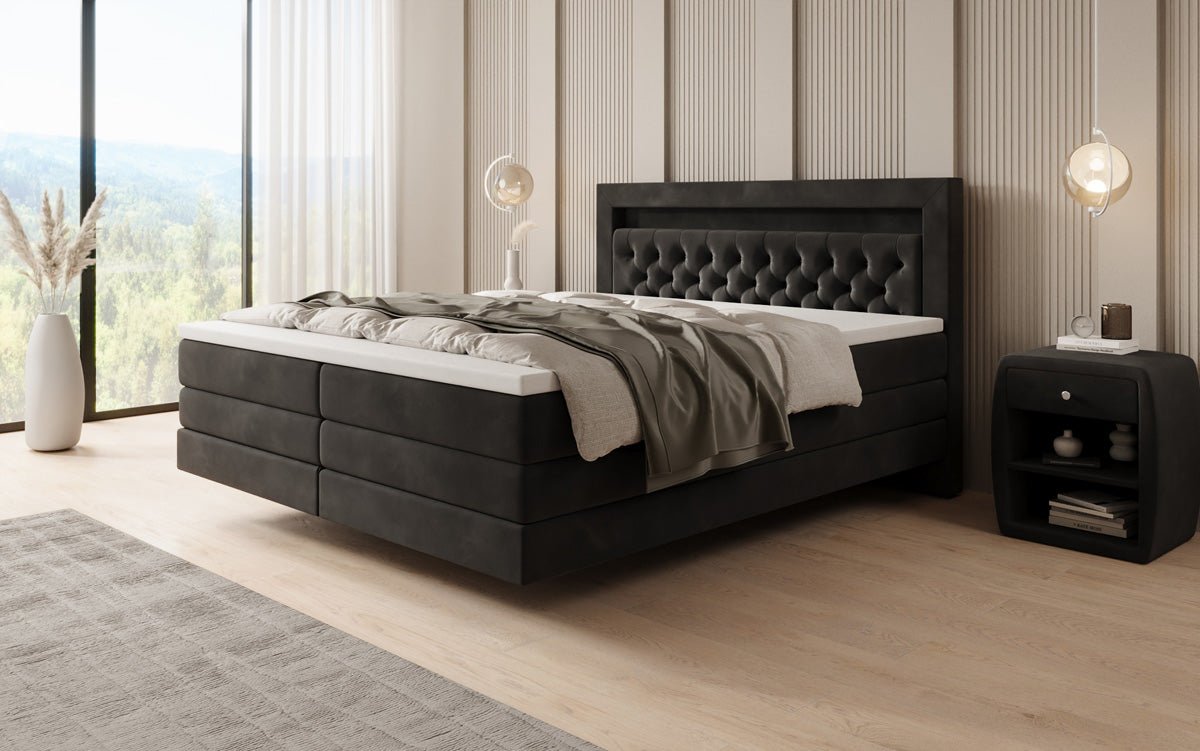 Boxspringbed Menzogna met zwevende look en LED in fluweel