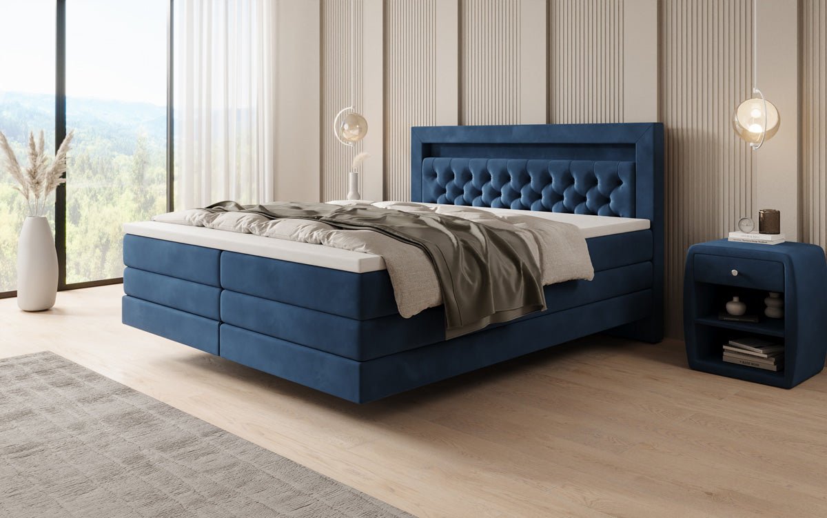 Boxspringbed Menzogna met zwevende look en LED in fluweel