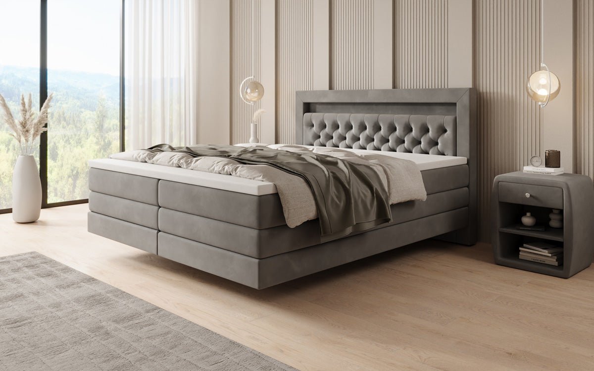 Boxspringbed Menzogna met zwevende look en LED in fluweel