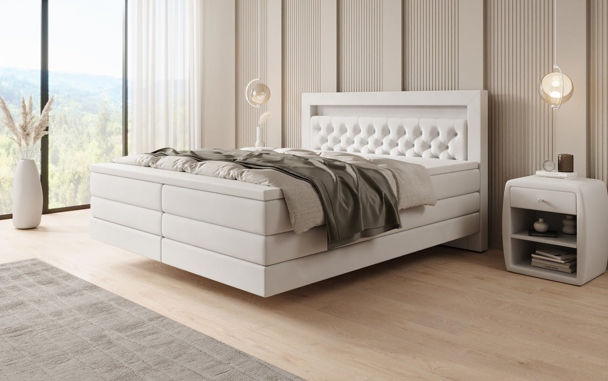 Boxspringbed Menzogna met zwevende look en LED in fluweel