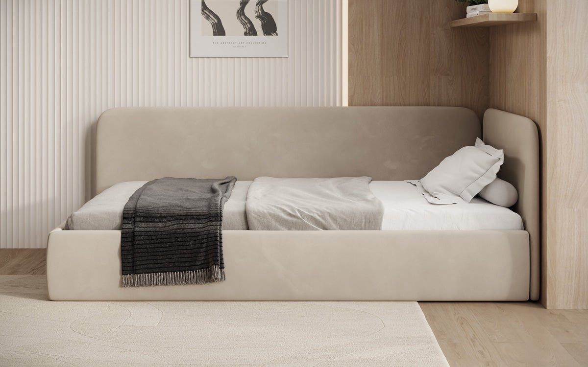 Design gestoffeerd bed/gastenbed/bank Cleo met opbergruimte