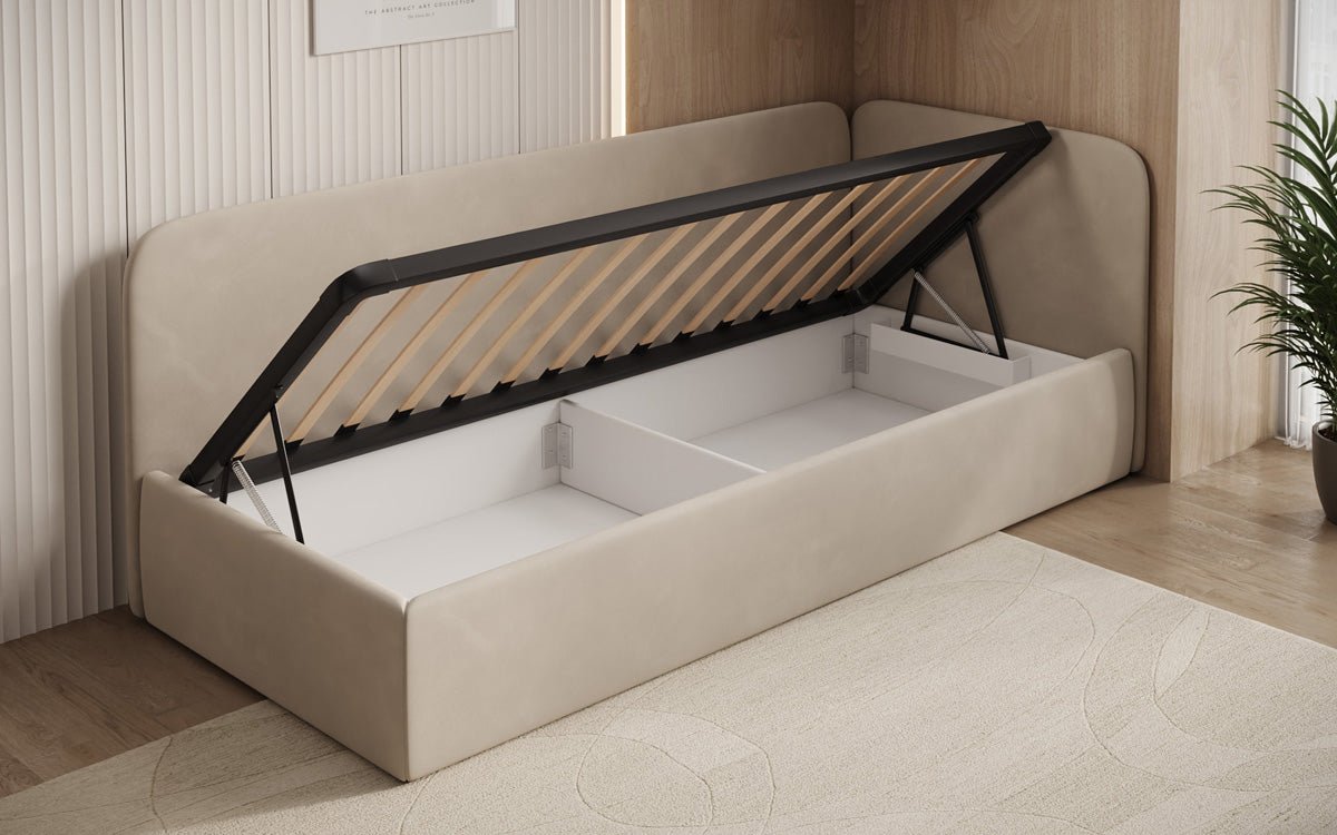Design gestoffeerd bed/gastenbed/bank Cleo met opbergruimte
