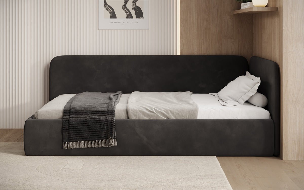 Design gestoffeerd bed/gastenbed/bank Cleo met opbergruimte