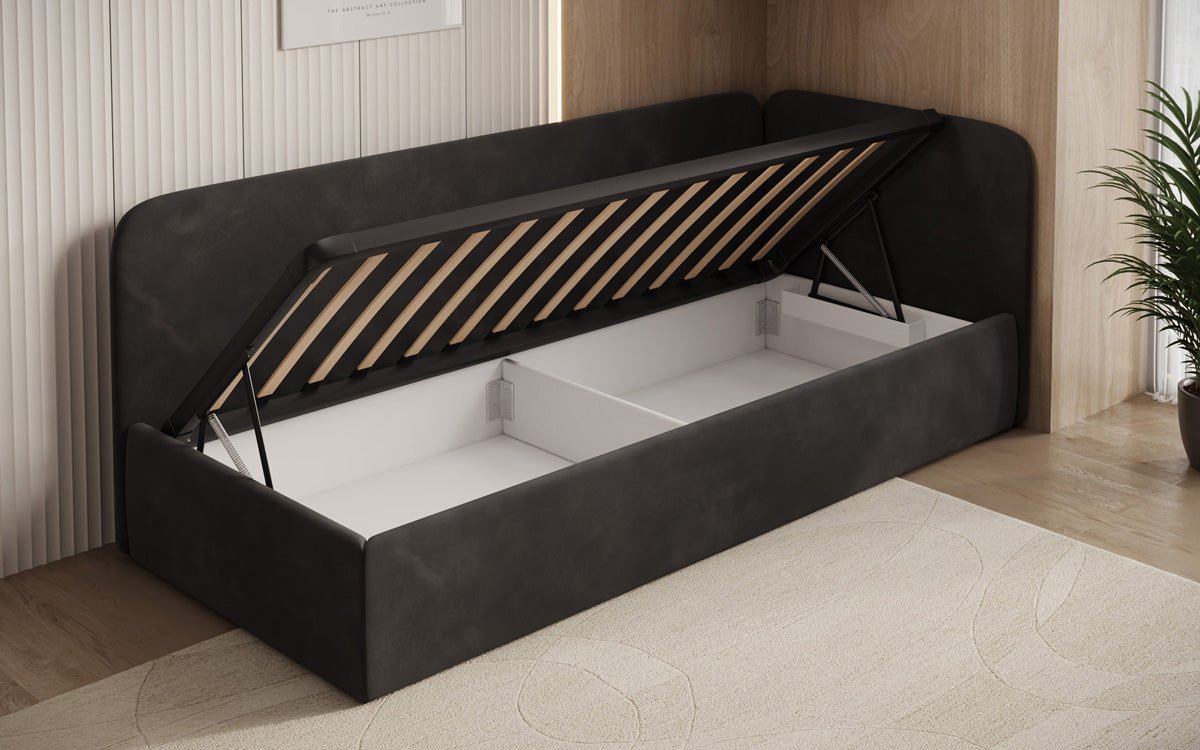 Design gestoffeerd bed/gastenbed/bank Cleo met opbergruimte