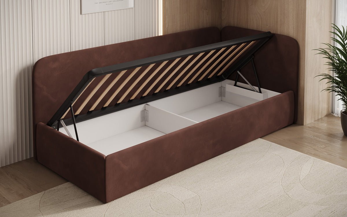 Design gestoffeerd bed/gastenbed/bank Cleo met opbergruimte