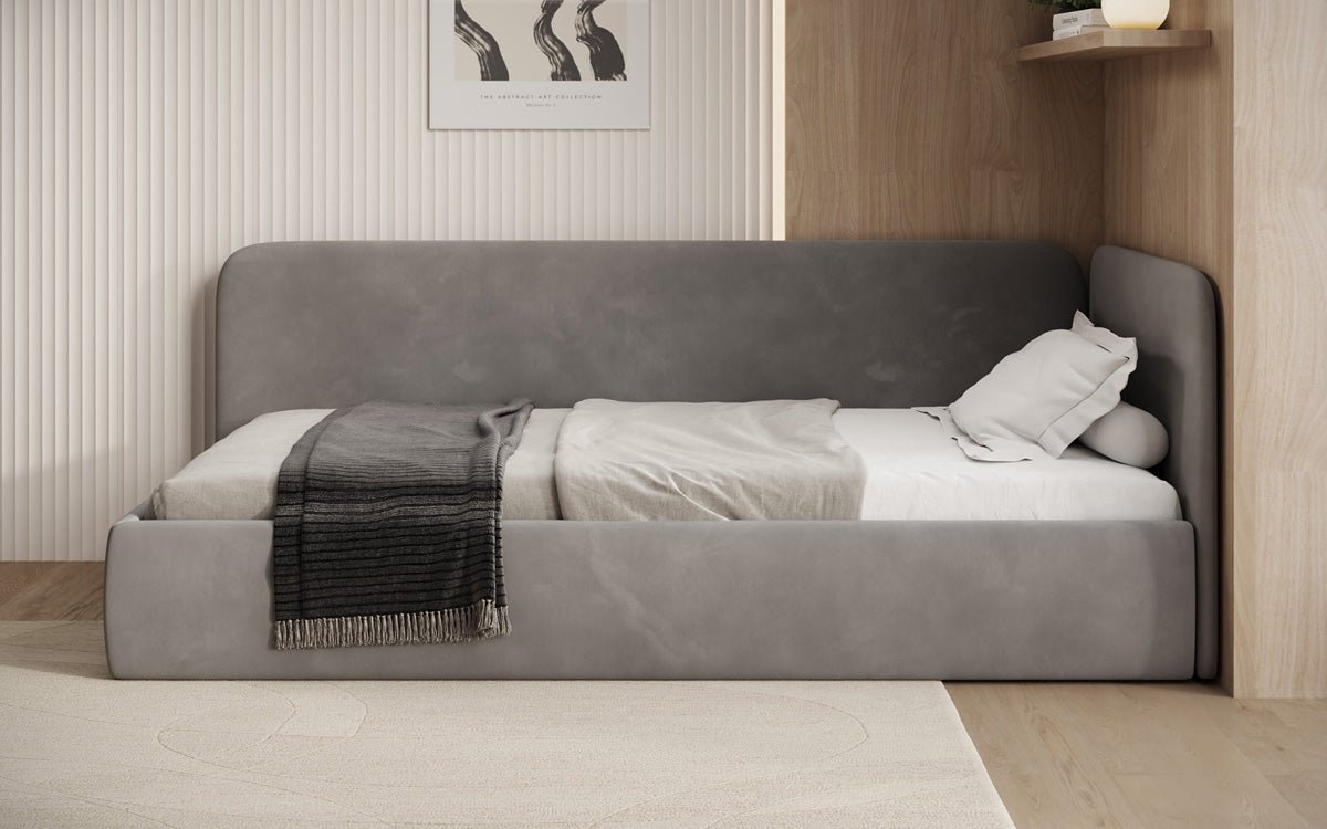 Design gestoffeerd bed/gastenbed/bank Cleo met opbergruimte