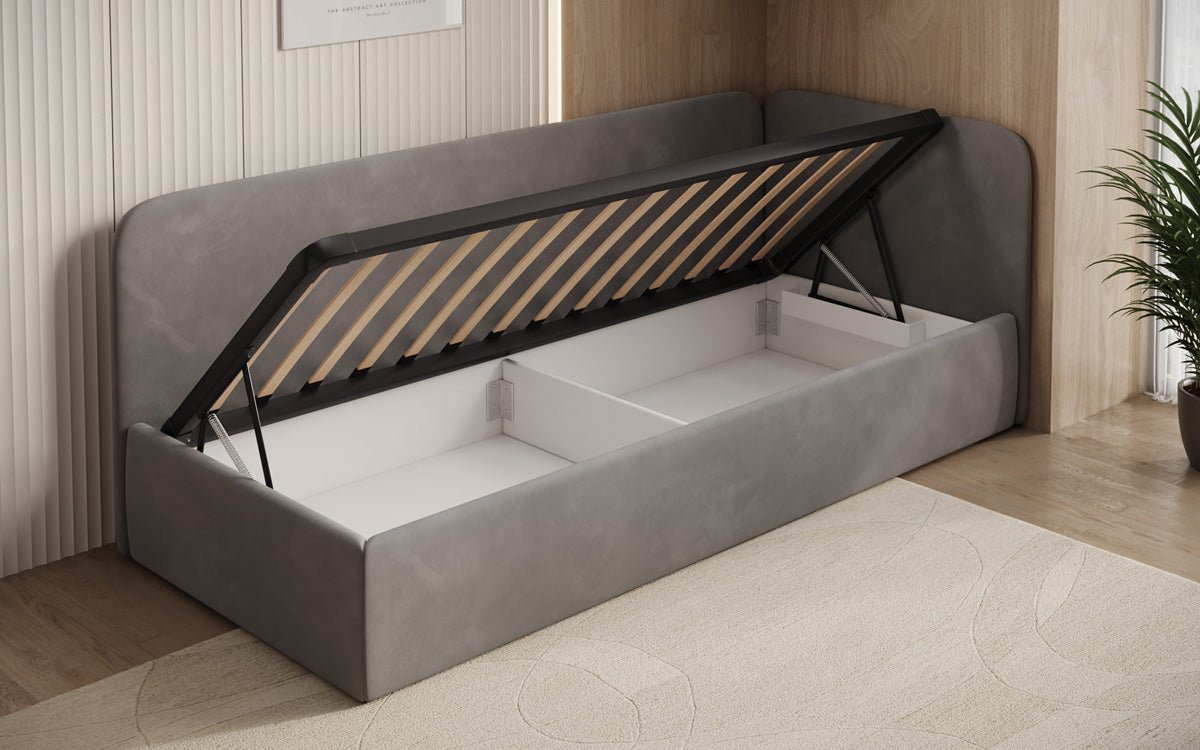 Design gestoffeerd bed/gastenbed/bank Cleo met opbergruimte