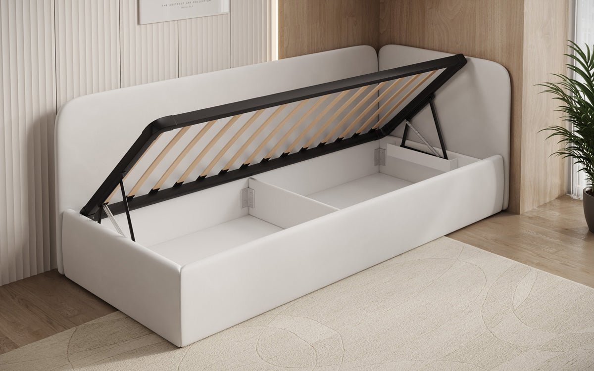 Design gestoffeerd bed/gastenbed/bank Cleo met opbergruimte