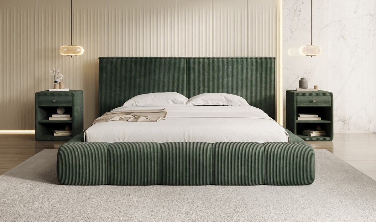 Designer gestoffeerd bed Elise in Ribstof met opbergruimte