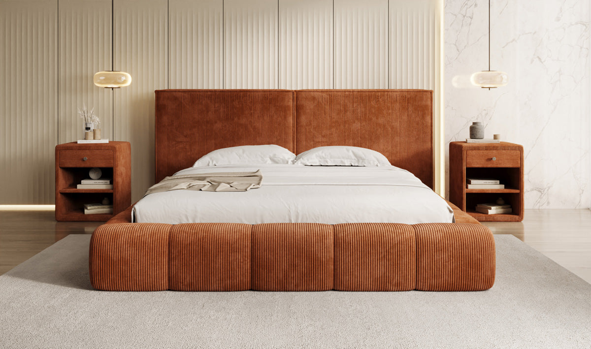Designer gestoffeerd bed Elise in Ribstof met opbergruimte