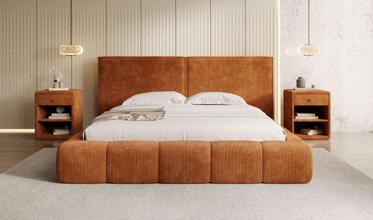 Designer gestoffeerd bed Elise in Ribstof met opbergruimte