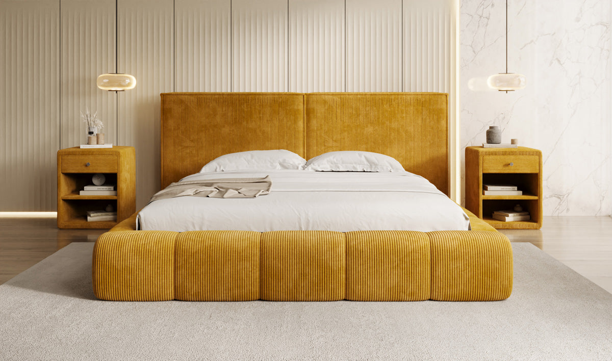 Designer gestoffeerd bed Elise in Ribstof met opbergruimte