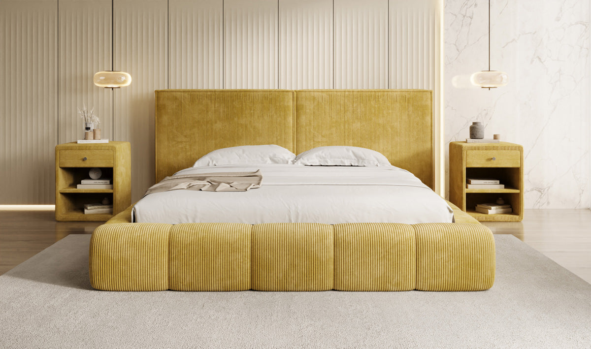 Designer gestoffeerd bed Elise in Ribstof met opbergruimte