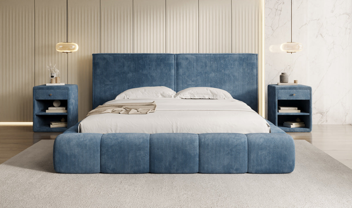 Designer gestoffeerd bed Elise in Ribstof met opbergruimte