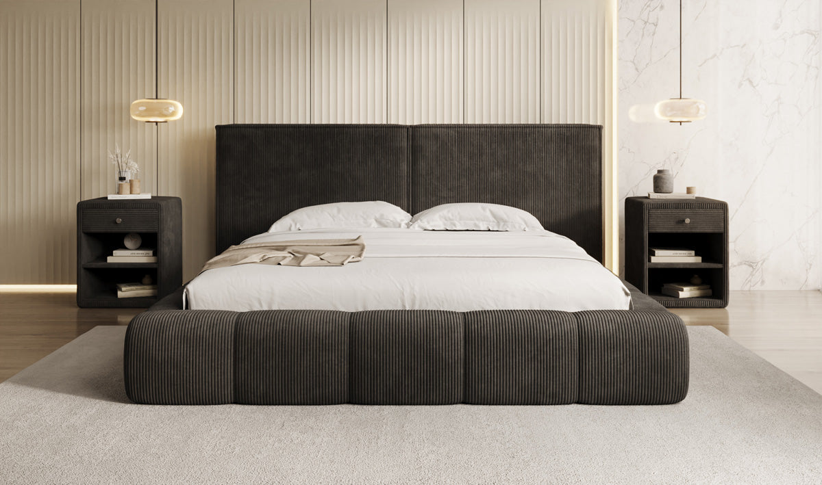 Designer gestoffeerd bed Elise in Ribstof met opbergruimte