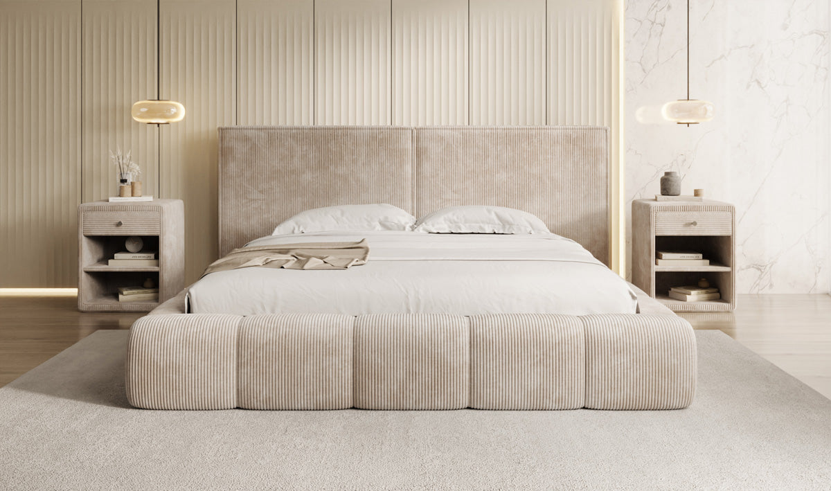 Designer gestoffeerd bed Elise in Ribstof met opbergruimte