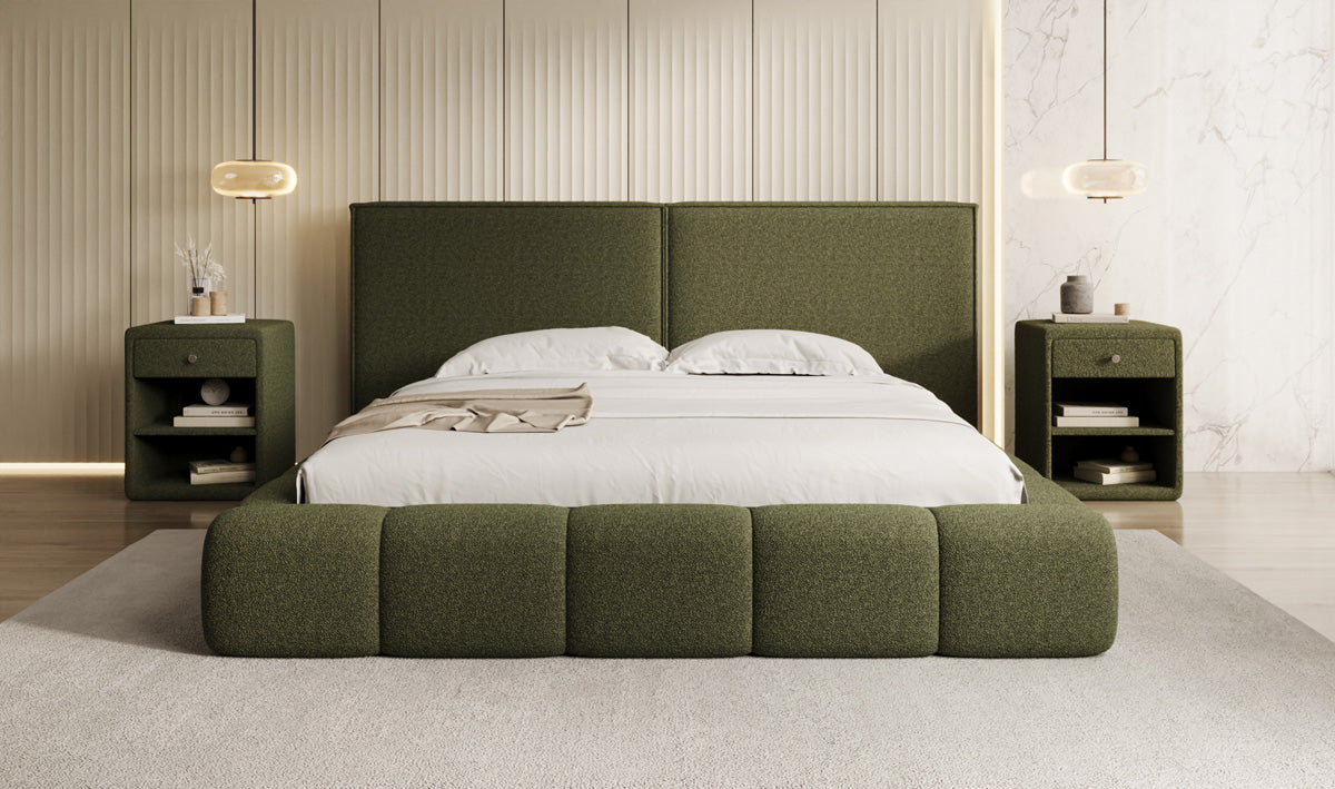 Designer gestoffeerd bed Elise in Teddystof Bouclé met opbergruimte