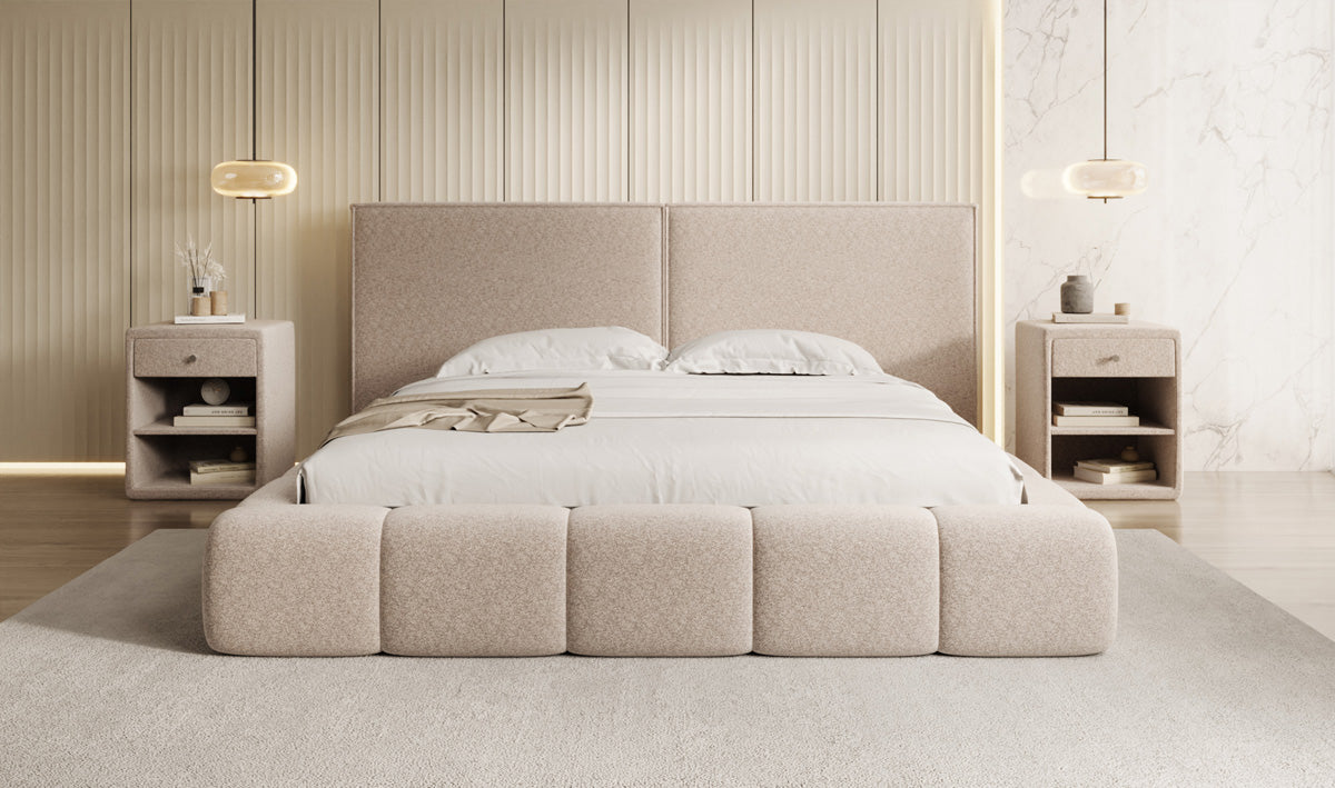 Designer gestoffeerd bed Elise in structuurstof met opbergruimte