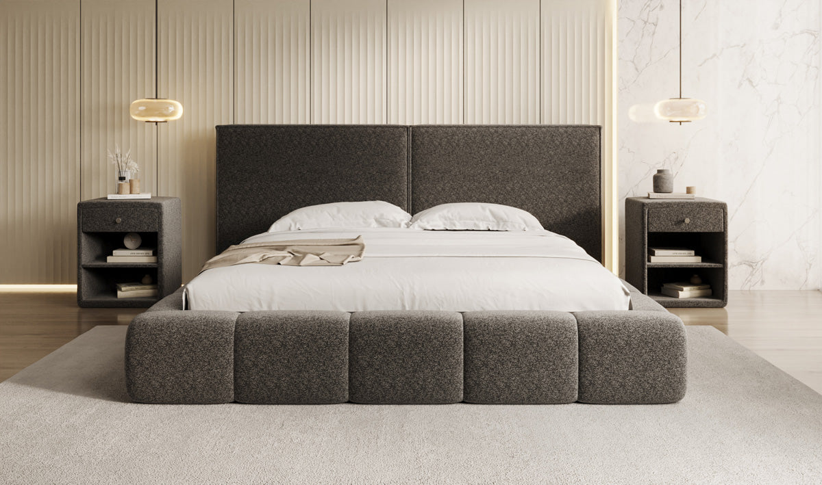 Designer gestoffeerd bed Elise in structuurstof met opbergruimte
