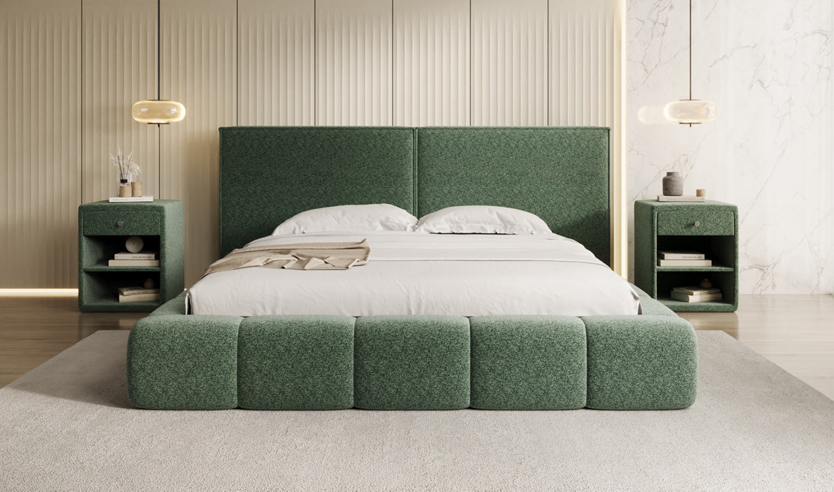 Designer gestoffeerd bed Elise in structuurstof met opbergruimte